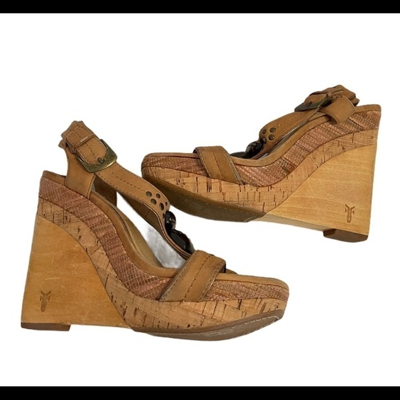 FRYE Bridget Ornament Tan Leather Wedge Sandals Shoes - Picture 5 of 6